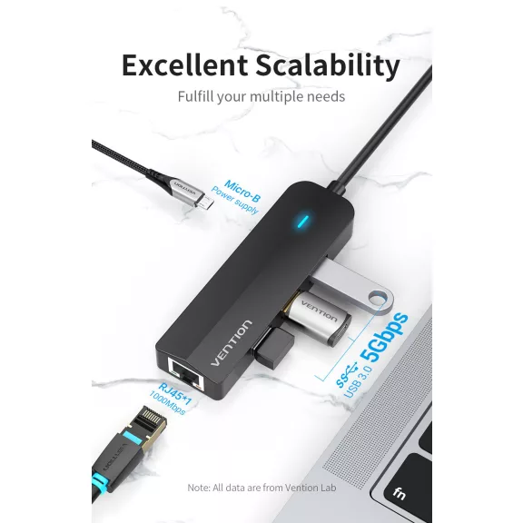 Vention USB-C -> USB3.0*3/Micro USB-B/RJ45 0,15m, Hub
