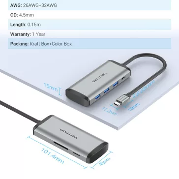   Vention USB-C -> USB3.0*3/TF/SD/PD (0,15m Szürke Aluminum Ötvözet), Hub