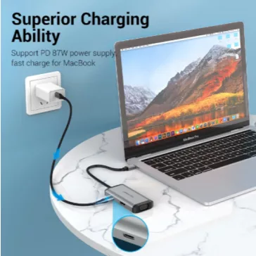   Vention USB-C -> HDMI/VGA/USB3.0*3/PD 0,15m, (szürke, fémszerű), Dokkoló
