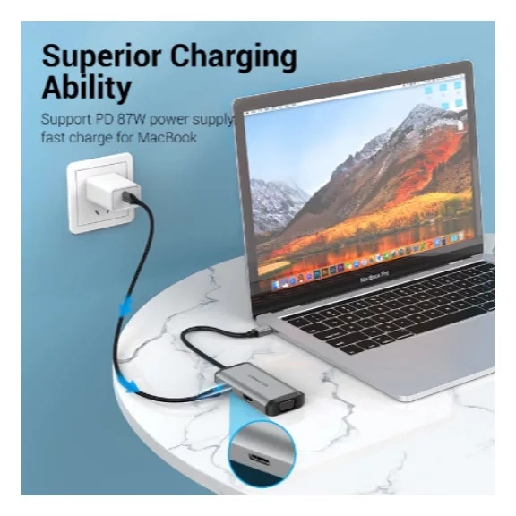 Vention USB-C -> HDMI/VGA/USB3.0*3/PD 0,15m, (szürke, fémszerű), Dokkoló