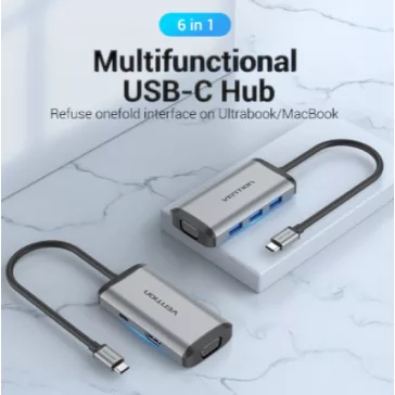   Vention USB-C -> HDMI/VGA/USB3.0*3/PD 0,15m, (szürke, fémszerű), Dokkoló