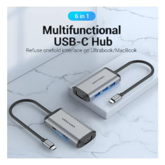 Vention USB-C -> HDMI/VGA/USB3.0*3/PD 0,15m, (szürke, fémszerű), Dokkoló
