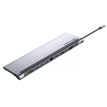   Vention USB-C -> DP/HDMI/VGA/USB-C Gen 1/USB 3.0x2/USB 2.0/RJ45/SD/TF/TRRS 3.5mm/PD, 0,25m (12 az 1-ben, szürke aluminum ötvözet), Dokkoló