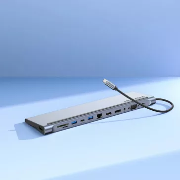   Vention USB-C -> DP/HDMI/VGA/USB-C Gen 1/USB 3.0x2/USB 2.0/RJ45/SD/TF/TRRS 3.5mm/PD, 0,25m (12 az 1-ben, szürke aluminum ötvözet), Dokkoló