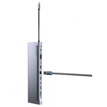   Vention USB-C -> HDMI/VGA/USB-C Gen 1/USB 3.0x2/USB 2.0/RJ45/SD/TF/TRRS 3.5mm/PD 0,25m (11 az 1-ben, szürke, fémszerű), Dokkoló