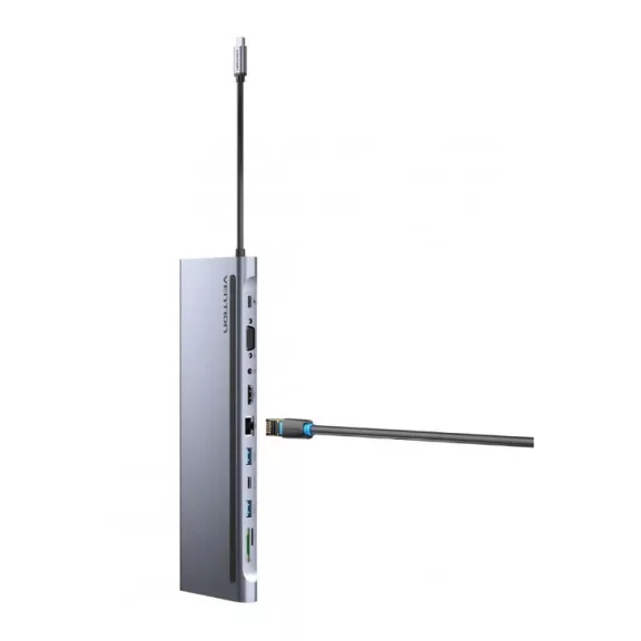 Vention USB-C -> HDMI/VGA/USB-C Gen 1/USB 3.0x2/USB 2.0/RJ45/SD/TF/TRRS 3.5mm/PD 0,25m (11 az 1-ben, szürke, fémszerű), Dokkoló
