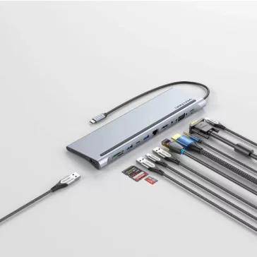   Vention USB-C -> HDMI/VGA/USB-C Gen 1/USB 3.0x2/USB 2.0/RJ45/SD/TF/TRRS 3.5mm/PD 0,25m (11 az 1-ben, szürke, fémszerű), Dokkoló