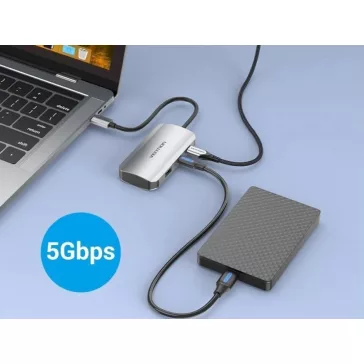   Vention USB-C -> USB3.0x4/PD  (0,15m Szürke Aluminum Ötvözet), Hub