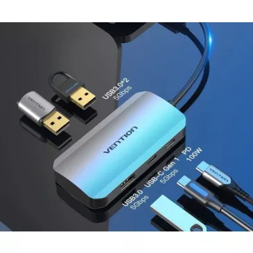   Vention USB-C -> USB3.0x4/PD  (0,15m Szürke Aluminum Ötvözet), Hub