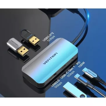  Vention USB-C -> USB-C Gen 1/USB3.0x3/PD  (0,15m Szürke Aluminum Ötvözet), Hub