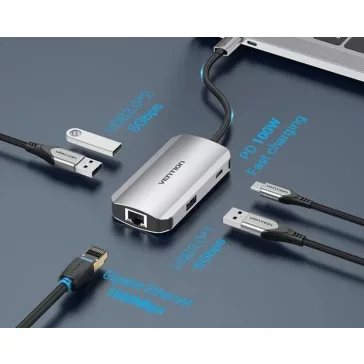   Vention USB-C -> USB3.0x3/RJ45/PD  (0,15m Szürke Aluminum Ötvözet), Hub