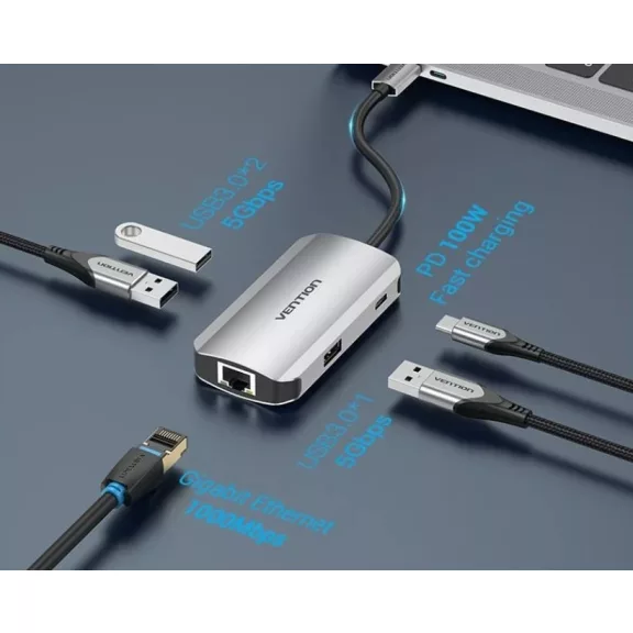 Vention USB-C -> USB3.0x3/RJ45/PD  (0,15m Szürke Aluminum Ötvözet), Hub