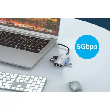   Vention USB-C -> USB3.0x3/RJ45/PD  (0,15m Szürke Aluminum Ötvözet), Hub