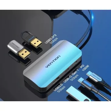   Vention USB-C -> USB3.0x3/SD/TF/PD (0,15m Szürke Aluminum Ötvözet), Hub