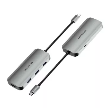   Vention USB-C -> HDMI/USB 3.0x3/PD (0,15m Szürke Aluminum Ötvözet), Dokkoló