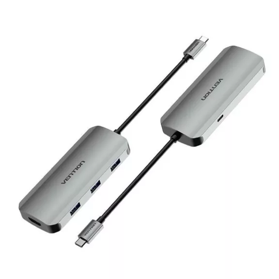 Vention USB-C -> HDMI/USB 3.0x3/PD (0,15m Szürke Aluminum Ötvözet), Dokkoló