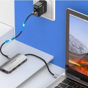   Vention USB-C -> HDMI/USB 3.0x3/PD (0,15m Szürke Aluminum Ötvözet), Dokkoló