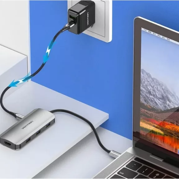 Vention USB-C -> HDMI/USB 3.0x3/PD (0,15m Szürke Aluminum Ötvözet), Dokkoló