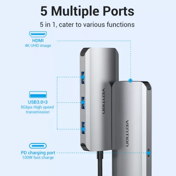 Vention USB-C -> HDMI/USB 3.0x3/PD (0,15m Szürke Aluminum Ötvözet), Dokkoló