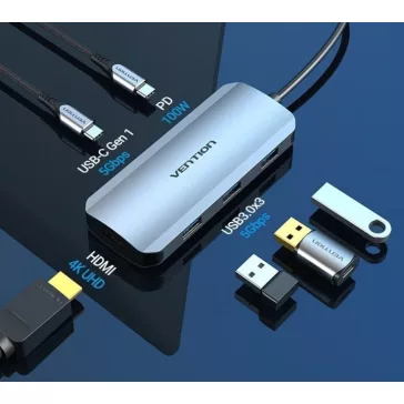   Vention USB-C -> HDMI/USB-C Gen 1/USB 3.0x3/PD (0,15m Szürke Aluminum Ötvözet), Dokkoló