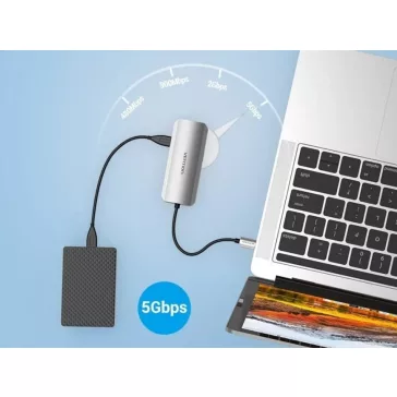   Vention USB-C -> HDMI/USB 3.0x3/RJ45/PD (0,15m Szürke Aluminum Ötvözet), Dokkoló