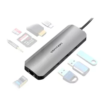   Vention USB-C -> HDMI/USB3.0x3/RJ45/SD/TF/PD (0,15m Szürke Aluminum Ötvözet), Dokkoló