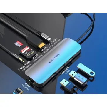   Vention USB-C -> HDMI/USB3.0x3/RJ45/SD/TF/PD (0,15m Szürke Aluminum Ötvözet), Dokkoló