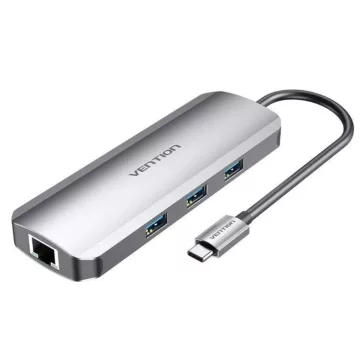   Vention USB-C -> HDMI/USB3.0x3/RJ45/SD/TF/TRRS 3.5mm/PD (0,15m Szürke Aluminum Ötvözet), Dokkoló