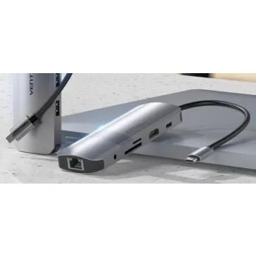   Vention USB-C -> HDMI/USB3.0x3/RJ45/SD/TF/TRRS 3.5mm/PD (0,15m Szürke Aluminum Ötvözet), Dokkoló