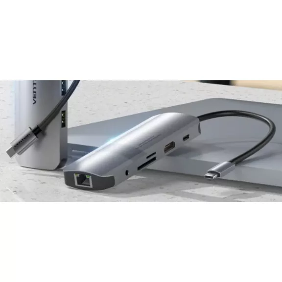 Vention USB-C -> HDMI/USB3.0x3/RJ45/SD/TF/TRRS 3.5mm/PD (0,15m Szürke Aluminum Ötvözet), Dokkoló