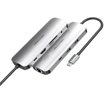   Vention USB-C -> HDMI/USB-C Gen 1/USB3.0x2/RJ45/SD/TF/TRRS 3.5mm/PD (0,15m Szürke Aluminum Ötvözet), Dokkoló