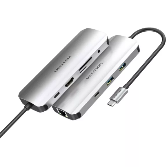 Vention USB-C -> HDMI/USB-C Gen 1/USB3.0x2/RJ45/SD/TF/TRRS 3.5mm/PD (0,15m Szürke Aluminum Ötvözet), Dokkoló