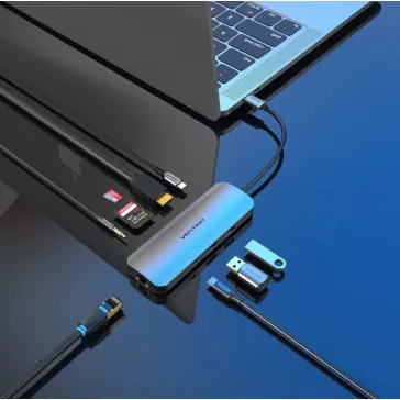   Vention USB-C -> HDMI/USB-C Gen 1/USB3.0x2/RJ45/SD/TF/TRRS 3.5mm/PD (0,15m Szürke Aluminum Ötvözet), Dokkoló