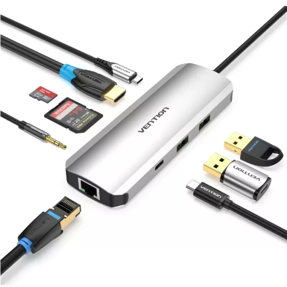 Vention USB-C -> HDMI/USB-C Gen 1/USB3.0x2/RJ45/SD/TF/TRRS 3.5mm/PD (0,15m Szürke Aluminum Ötvözet), Dokkoló