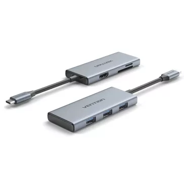   Vention USB-C -> HDMI/USB 3.0x3/SD/TF (0,15m Szürke Aluminum Ötvözet), Dokkoló