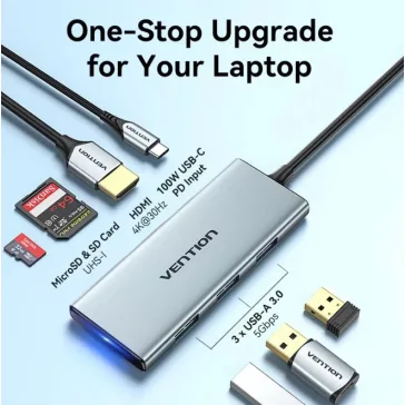   Vention USB-C -> HDMI/USB 3.0x3/SD/TF/PD (0,15m Szürke Aluminum Ötvözet) Dokkoló