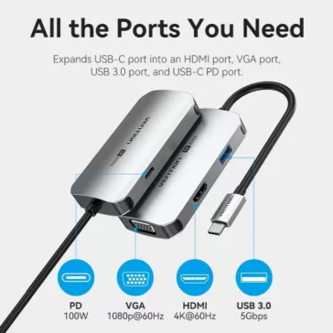   Vention USB-C -> HDMI/VGA/USB 3.0/PD (0,15m Szürke Aluminum Ötvözet) Dokkoló