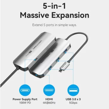   Vention USB-C -> HDMI/USB 3.0 x3/PD (0,15m Szürke Aluminum Ötvözet) Dokkoló