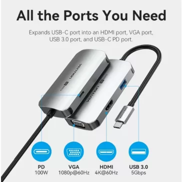   Vention USB-C -> HDMI/USB 3.0 x 3/RJ45/SD/TF/PD (0,15m Szürke Aluminum Ötvözet) Dokkoló
