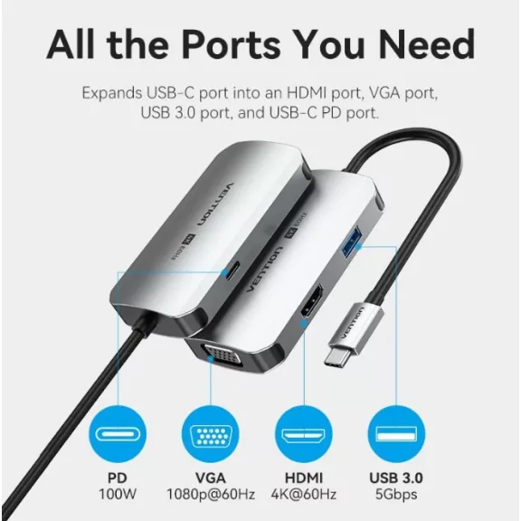 Vention USB-C -> HDMI/USB 3.0 x 3/RJ45/SD/TF/PD (0,15m Szürke Aluminum Ötvözet) Dokkoló