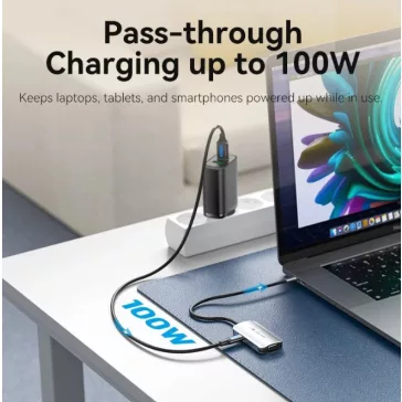   Vention USB-C -> HDMI/USB 3.0 x 3/RJ45/SD/TF/PD (0,15m Szürke Aluminum Ötvözet) Dokkoló