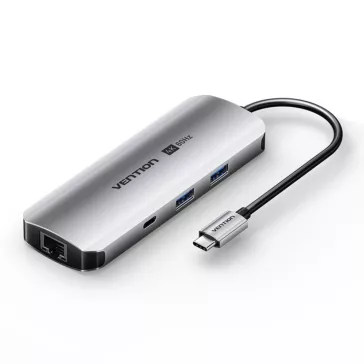   Vention USB-C -> HDMI/USB-C Gen 1/USB 3.0 x 2/RJ45/SD/TF/TRRS 3.5mm/PD (0,15m Szürke Aluminum Ötvözet) Dokkoló
