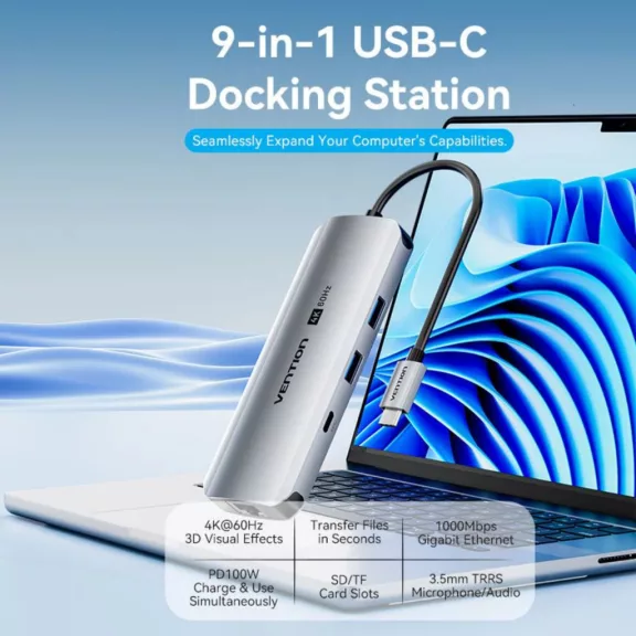Vention USB-C -> HDMI/USB-C Gen 1/USB 3.0 x 2/RJ45/SD/TF/TRRS 3.5mm/PD (0,15m Szürke Aluminum Ötvözet) Dokkoló