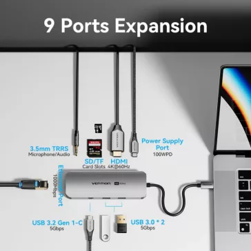   Vention USB-C -> HDMI/USB-C Gen 1/USB 3.0 x 2/RJ45/SD/TF/TRRS 3.5mm/PD (0,15m Szürke Aluminum Ötvözet) Dokkoló