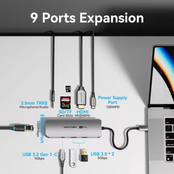 Vention USB-C -> HDMI/USB-C Gen 1/USB 3.0 x 2/RJ45/SD/TF/TRRS 3.5mm/PD (0,15m Szürke Aluminum Ötvözet) Dokkoló