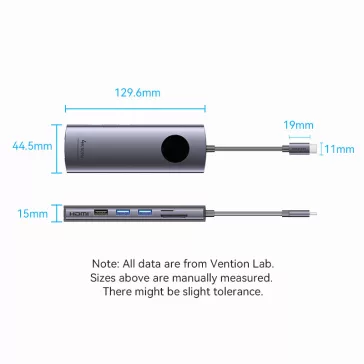   Vention USB-C -> DP/HDMI/USB 3.0*2/USB 2.0/RJ45/SD/TF/PD MST, dokkoló