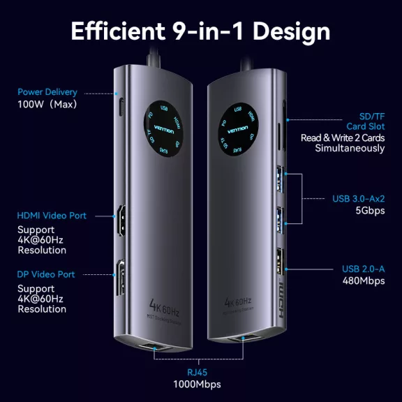 Vention USB-C -> DP/HDMI/USB 3.0*2/USB 2.0/RJ45/SD/TF/PD MST, dokkoló