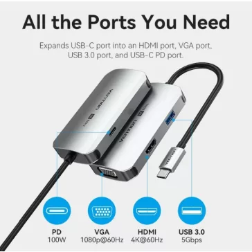  Vention USB-C -> Displayport/HDMI x 2/USB 3.0 x 2/USB 2.0/RJ45/SD/TF/PD MST (0,15m Szürke Aluminum Ötvözet) Dokkoló
