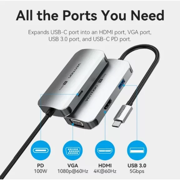 Vention USB-C -> Displayport/HDMI x 2/USB 3.0 x 2/USB 2.0/RJ45/SD/TF/PD MST (0,15m Szürke Aluminum Ötvözet) Dokkoló