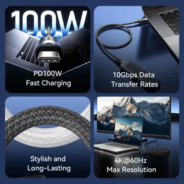Vention USB-C 3.2/M, 1m,(fekete, Gen2, 10Gbps), kábel